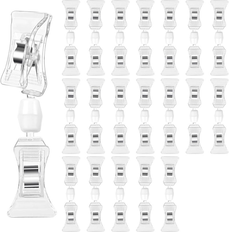 Inchoco Clear Merchandise Display Sign Clips - 20 Pack Plastic Label Pop Holder for Shelf, Double Sided Swivel Price Tag on Clothing Rack, Rotatable Menu Clips for Retail Sale Display - Image 1